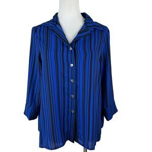 Marci Blouse Button Down Blue Black Striped Women’s Size Medium